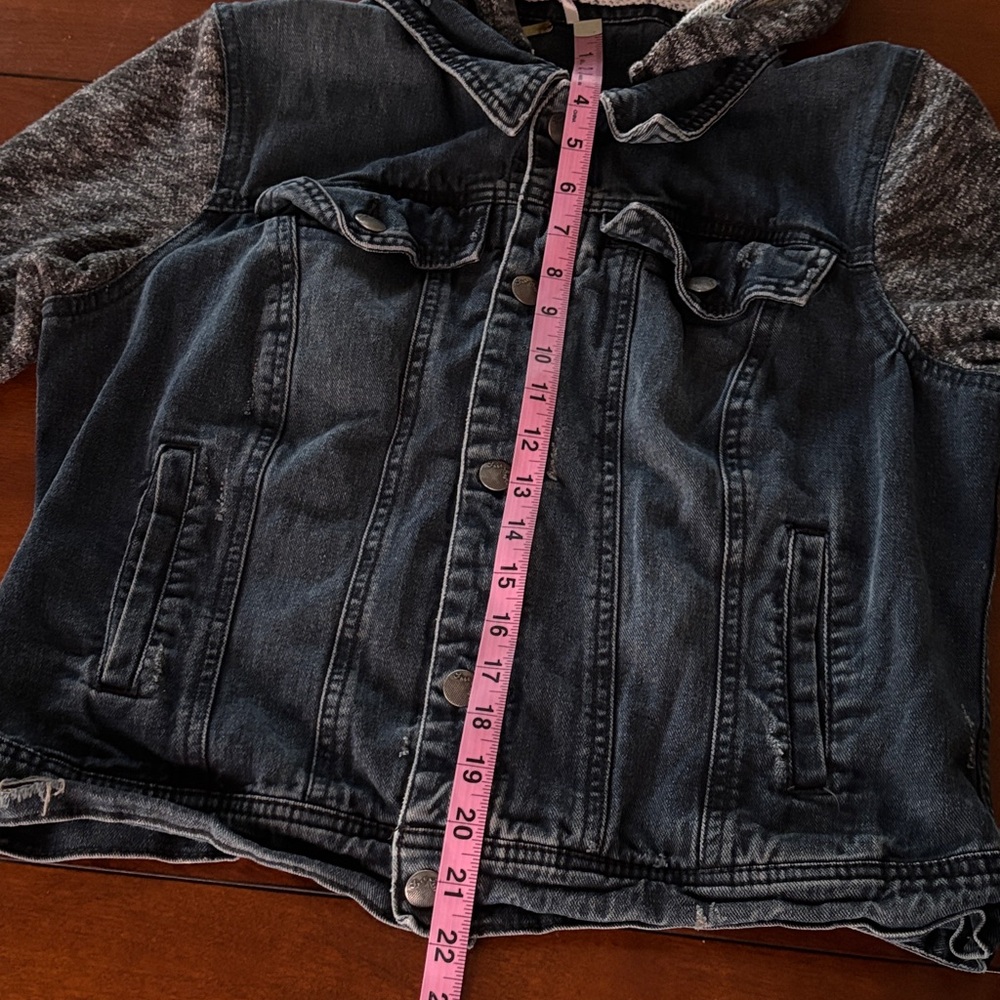 Free People Denim Jacket with Black and Gray Accents & Removable Hood. L - Picture 15 of 16